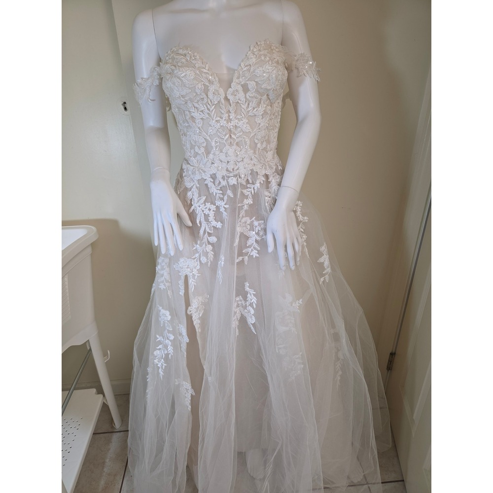 Blue by Enzoani Natsuko Off Shoulder Lace Tulle Wedding Dress Ivory Champagne
